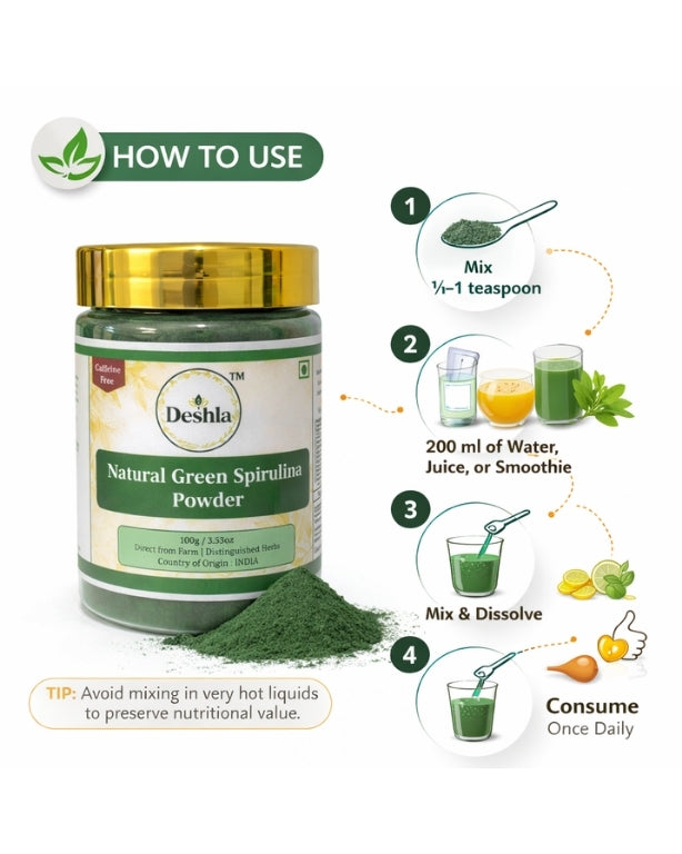 Deshla Natural Green Spirulina Powder packaging with usage instructions on a white background