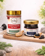 Two jars of Deshla products on a wooden board with natural elements in the background