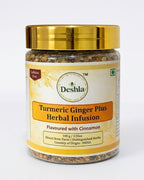 Jar of Deshla Turmeric Ginger Plus Herbal Infusion with gold lid on a white background