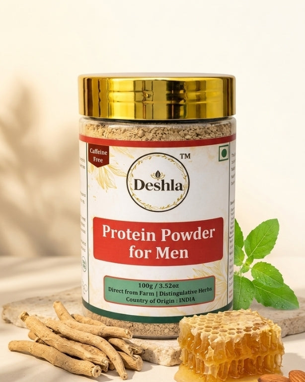 Deshla Protein Powder for Men jar with herbs and honeycomb on a light background