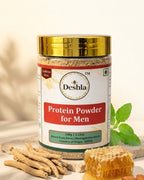 Deshla Protein Powder for Men jar with herbs and honeycomb on a light background