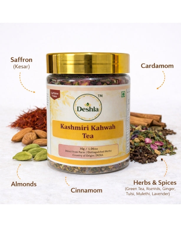 Deshla Kashmiri Kahwah Tea jar with ingredients on a white background