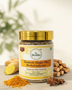 Deshla Turmeric Ginger Plus Herbal Infusion jar with turmeric root, cinnamon sticks, and star anise on a light background