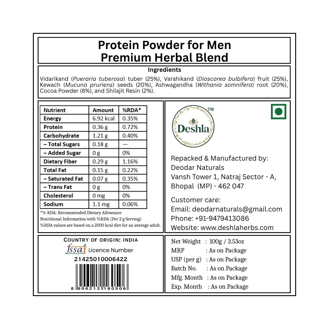 Label of Protein Powder for Men with Deshla branding