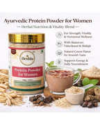 DeShila Ayurvedic Protein Powder for Women with packaging, ingredients, and a smoothie on a white background.