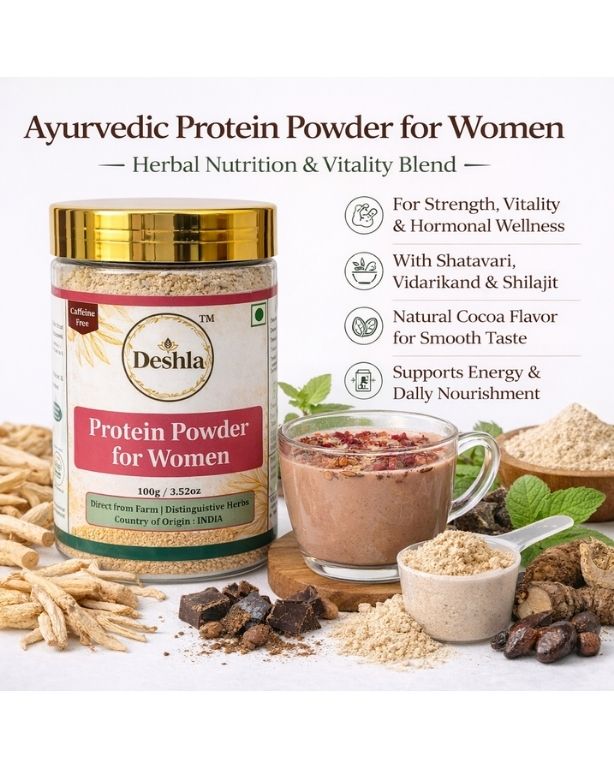 DeShila Ayurvedic Protein Powder for Women with packaging, ingredients, and a smoothie on a white background.
