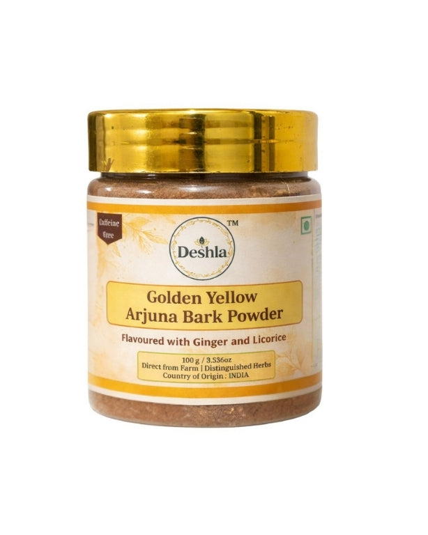 Jar of Golden Yellow Arjuna Bark Powder with gold lid on a white background