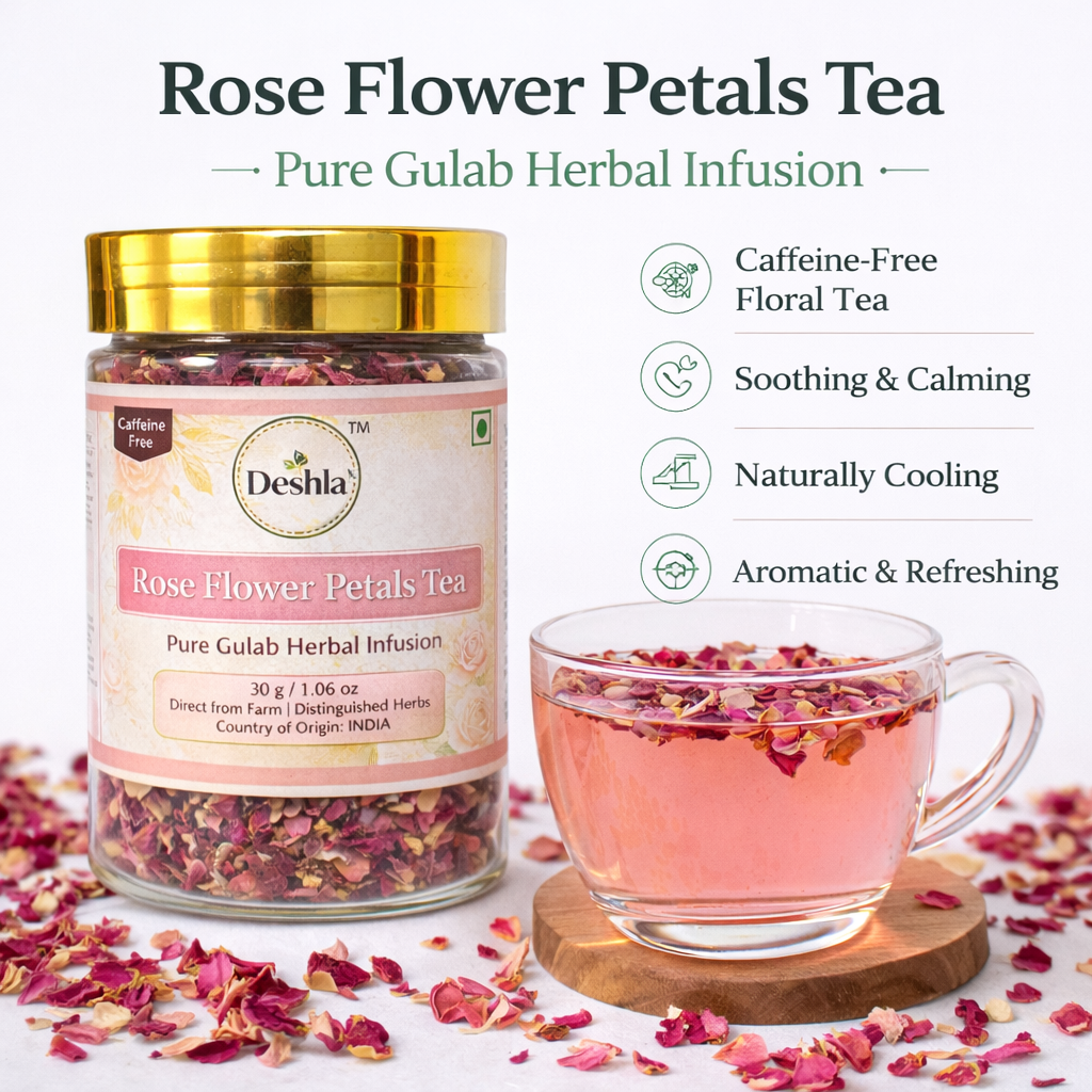 Rose flower petal tea with dried gulab petals in a cup, floral caffeine-free herbal infusion for relaxation