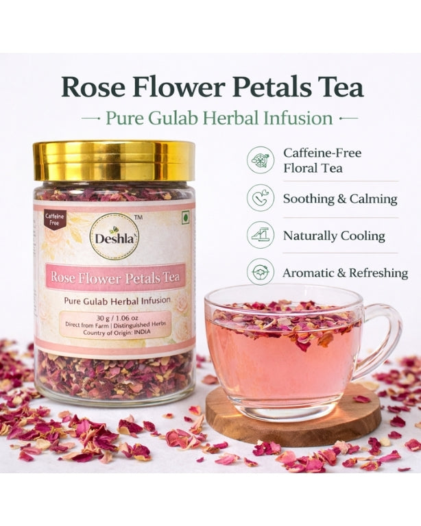 Rose Flower Petals Tea packaging with a glass of tea and scattered petals on a white background