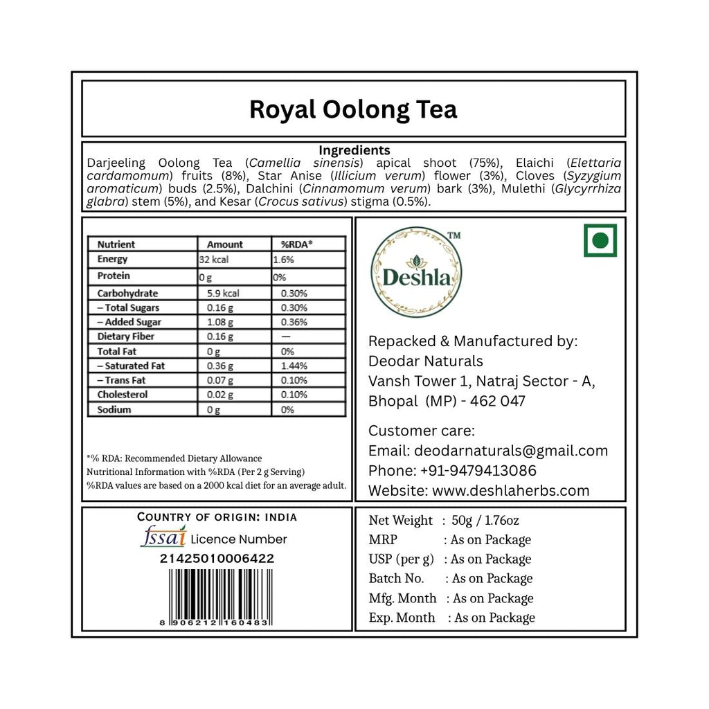Royal Oolong Tea label with nutritional information and branding details.