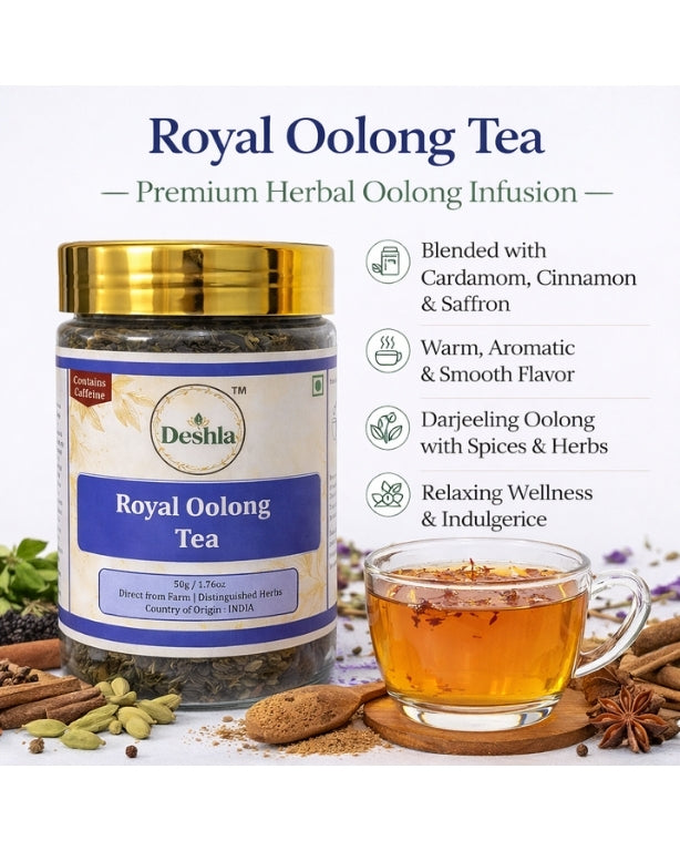 Deshla Royal Oolong Tea jar with a cup of tea and tea leaves on a white background