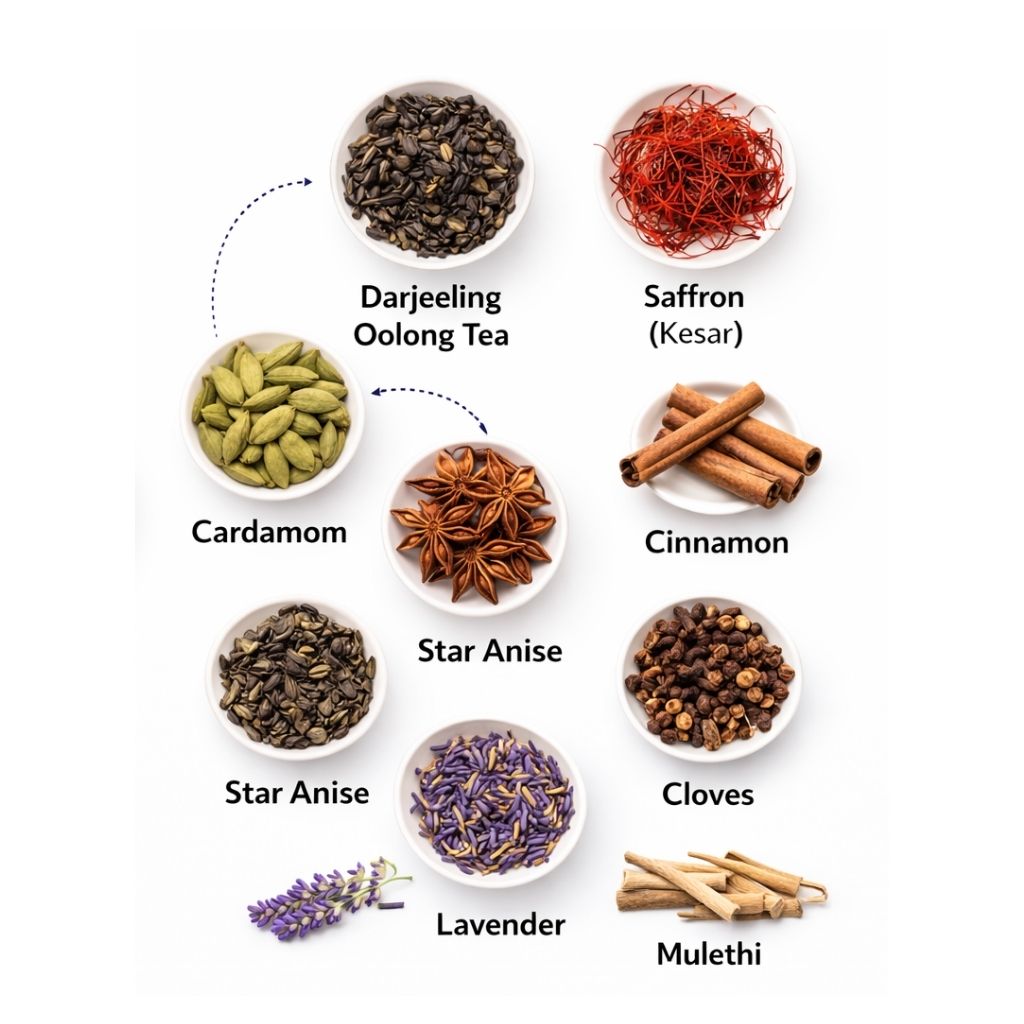 Assorted spices and teas in small bowls on a white background