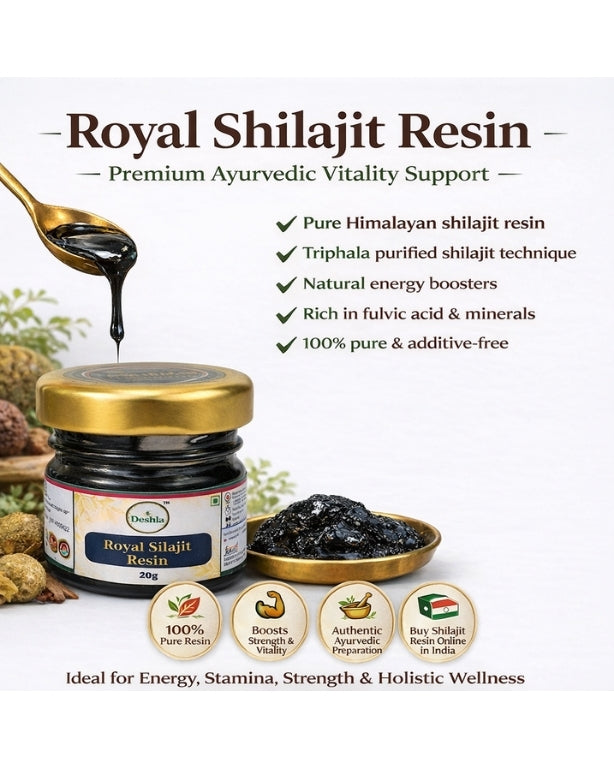 Royal Shilajit Resin packaging with product details on a white background