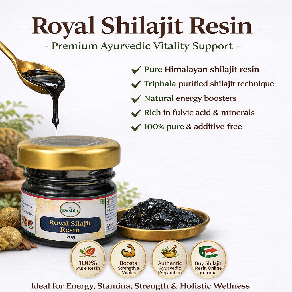 Pure Royal Shilajit Resin jar with gold lid on white background, Ayurvedic supplement for energy, stamina, and wellness