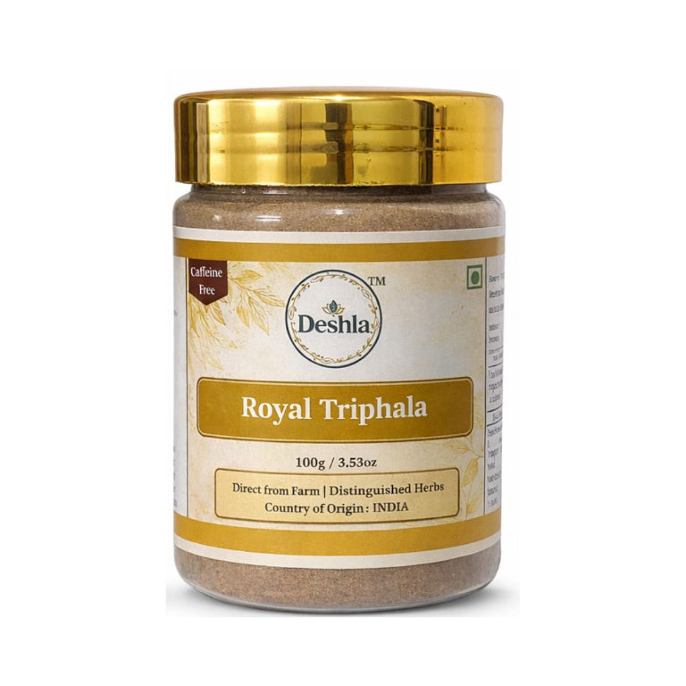 Jar of Deshla Royal Triphala with gold lid on a white background
