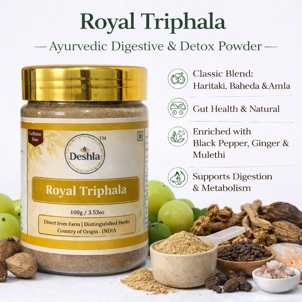 Royal Triphala powder with amla, haritaki, bibhitaki and herbal ingredients for digestion and detox