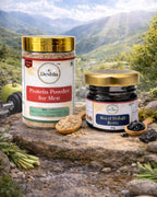Two jars of Deshla products, Protein Powder for Men and Royal Shilajit Resin, with a scenic mountain background.