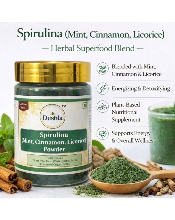 Spirulina powder jar with ingredients and health benefits on a white background