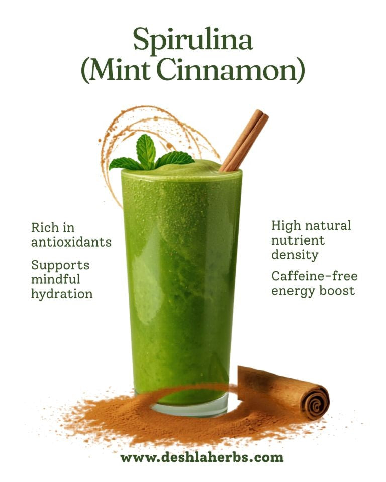 Green smoothie with spirulina, mint, and cinnamon on a white background with text about health benefits.