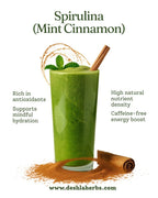 Green smoothie with spirulina, mint, and cinnamon on a white background with text about health benefits.
