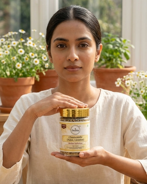 Woman holding a jar of Dabur product in a garden setting