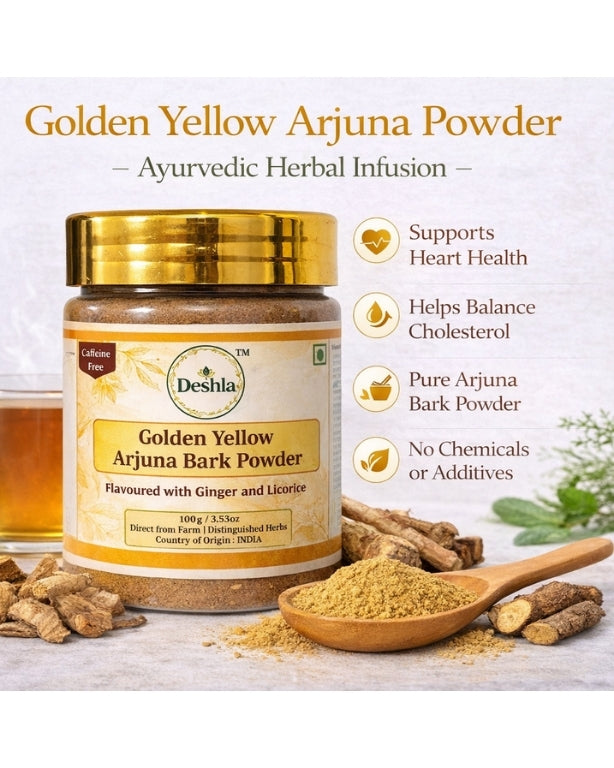 Jar of Golden Yellow Arjuna Powder with packaging details on a white background