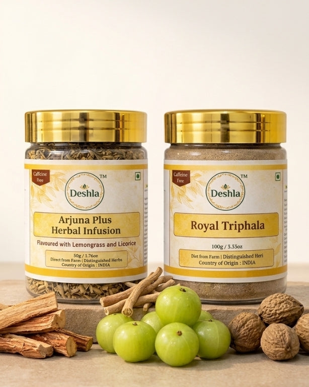 Two jars of Deshla herbal products with ingredients on a wooden surface