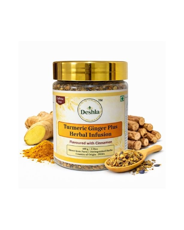 Jar of Deshla Turmeric Ginger Plus Herbal Infusion with ginger and cinnamon on a white background