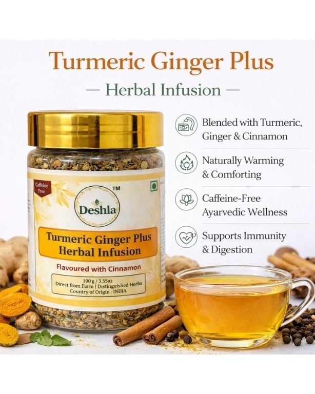 Deshla Turmeric Ginger Plus Herbal Infusion jar with a cup of tea and spices on a white background